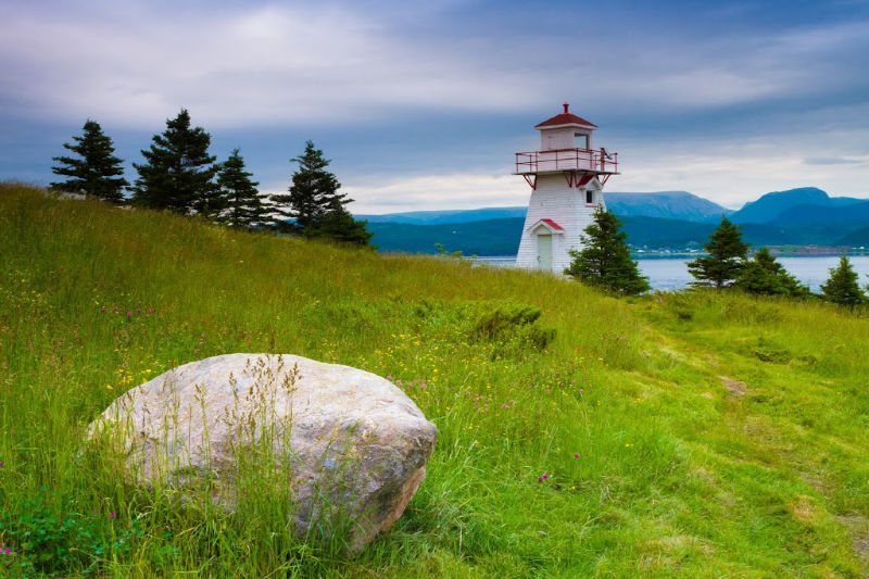 White lighthouse on the coast of Newfoundland, Canada