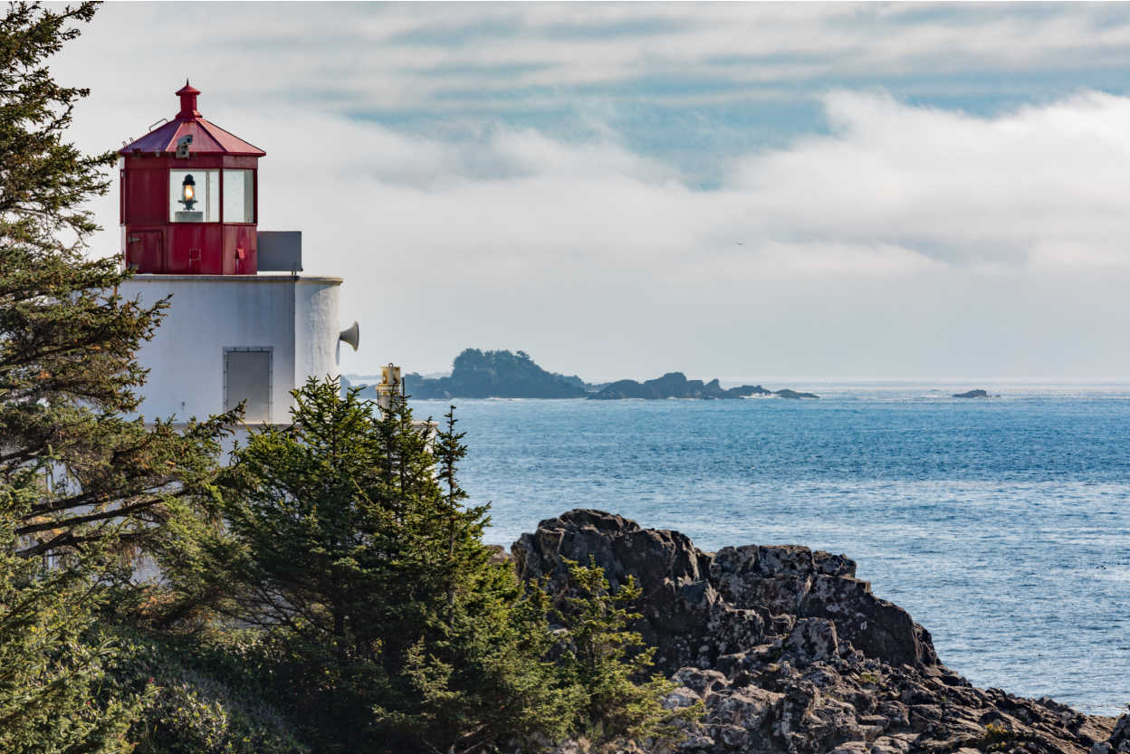 Ucluelet lighthouse at rocky western Pacific Coast of Alberni-Clayoquot County, Vancouver Island, British Columbia, BC, Canada